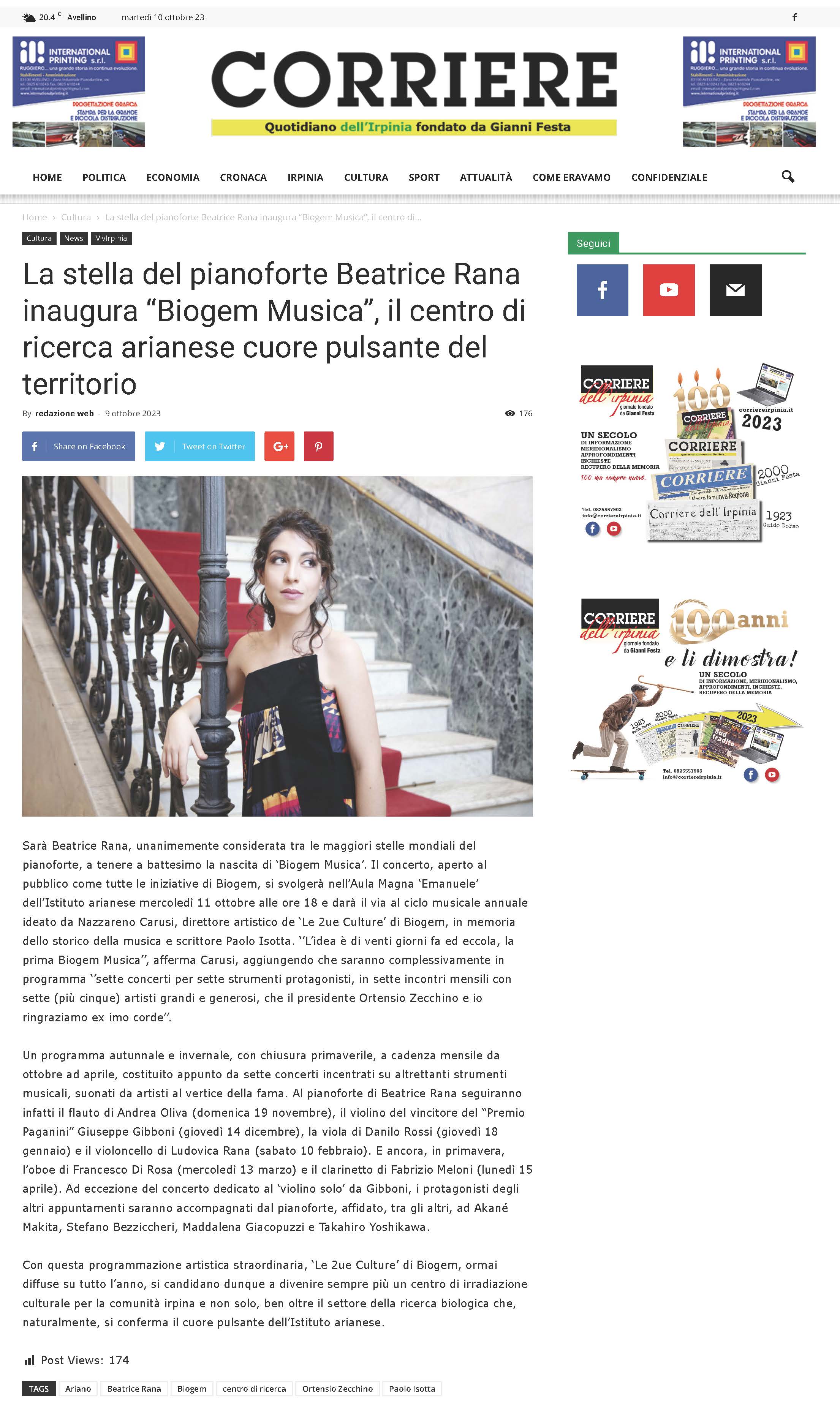 La stella del pianoforte Beatrice Rana inaugura “Biogem Musica”, il centro di ricerca arianese cuore pulsante del territorio